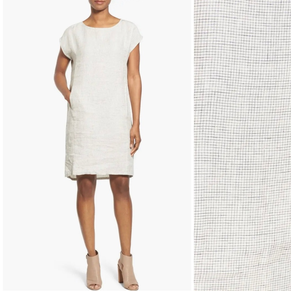 Eileen Fisher Micro Grid Print Linen Ballet Neck Knee Length Shift Dress XS